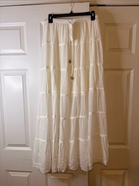Three Bird Nest Tiered White Maxi Skirt with Drawstring Waist